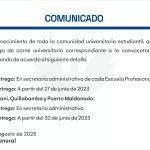 Comunicado sobre entrega de carné universitario, convocatoria 2023-I